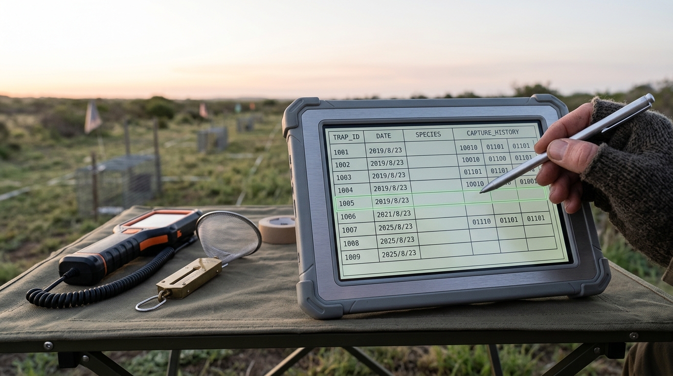 A weatherproof field data slate propped on a folding table beside a PIT-tag reader, its stylus resting mid-stroke over a half-filled capture-history row