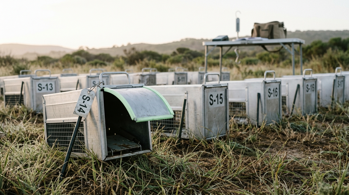 A grid of aluminium Sherman live-traps staked across dawn scrubland, one trap door still swinging half-shut as an animal triggers the treadle plate inside
