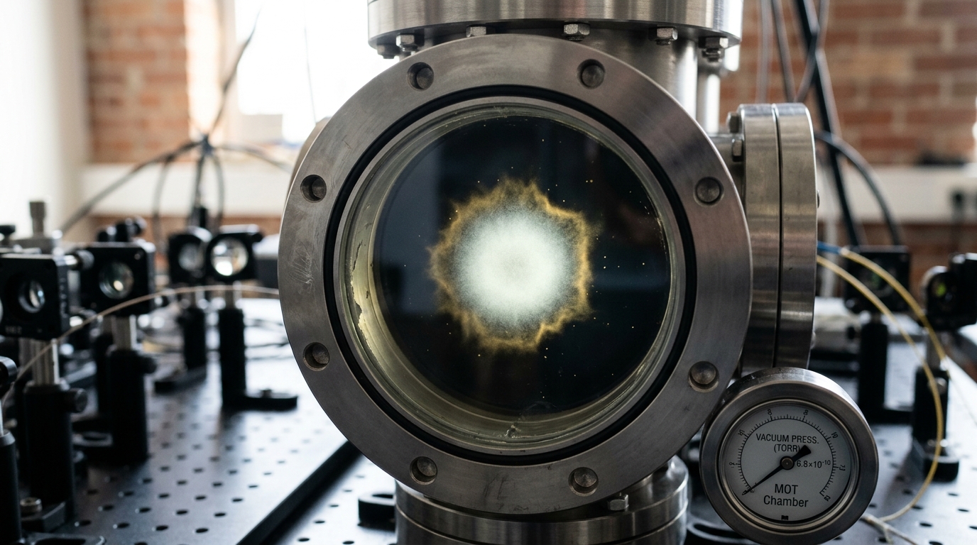 The loading region of a magneto-optical trap seen through a vacuum viewport, a faint cloud of atoms still being culled by the intersecting cooling beams, brighter and denser at the centre than at its ragged, thinning edge