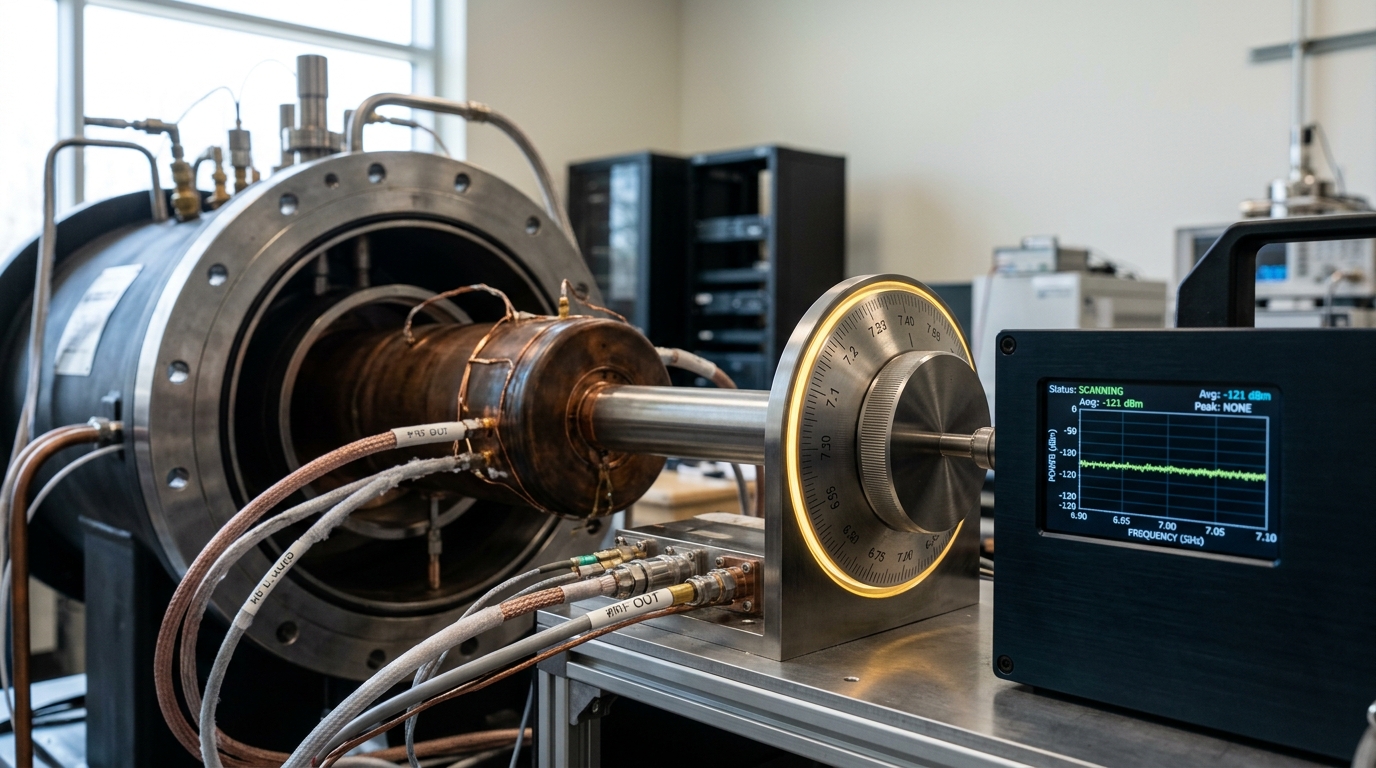 A tunable microwave cavity in a haloscope search rig, its frequency dial part-way through a slow scan and the readout trace beside it still flat, no peak yet risen above the noise floor