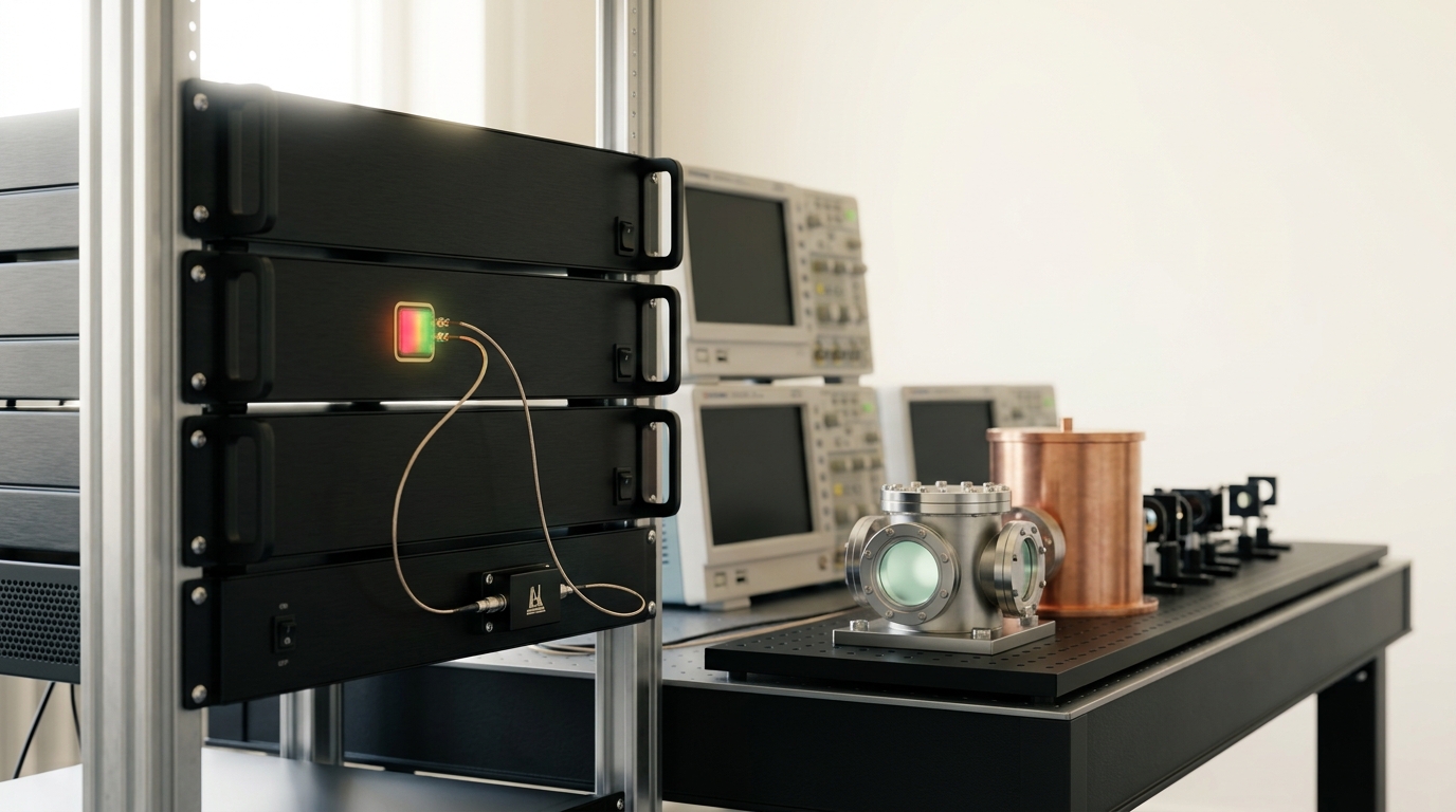 A frequency-comb rack beside an optical-lattice atomic clock table, one locking indicator on the comb electronics still blinking between red and green as the lock servo settles, the vacuum chamber's viewport catching a small pool of pale laser light