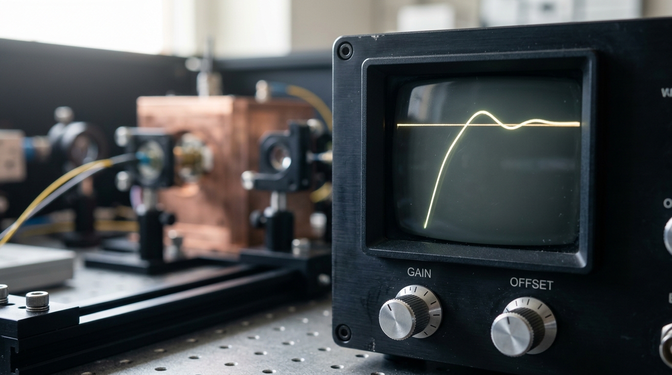 An oscilloscope-style error-signal trace on an atomic clock's servo electronics, the trace still swinging in a narrowing arc toward a thin horizontal target line rather than sitting flat against it