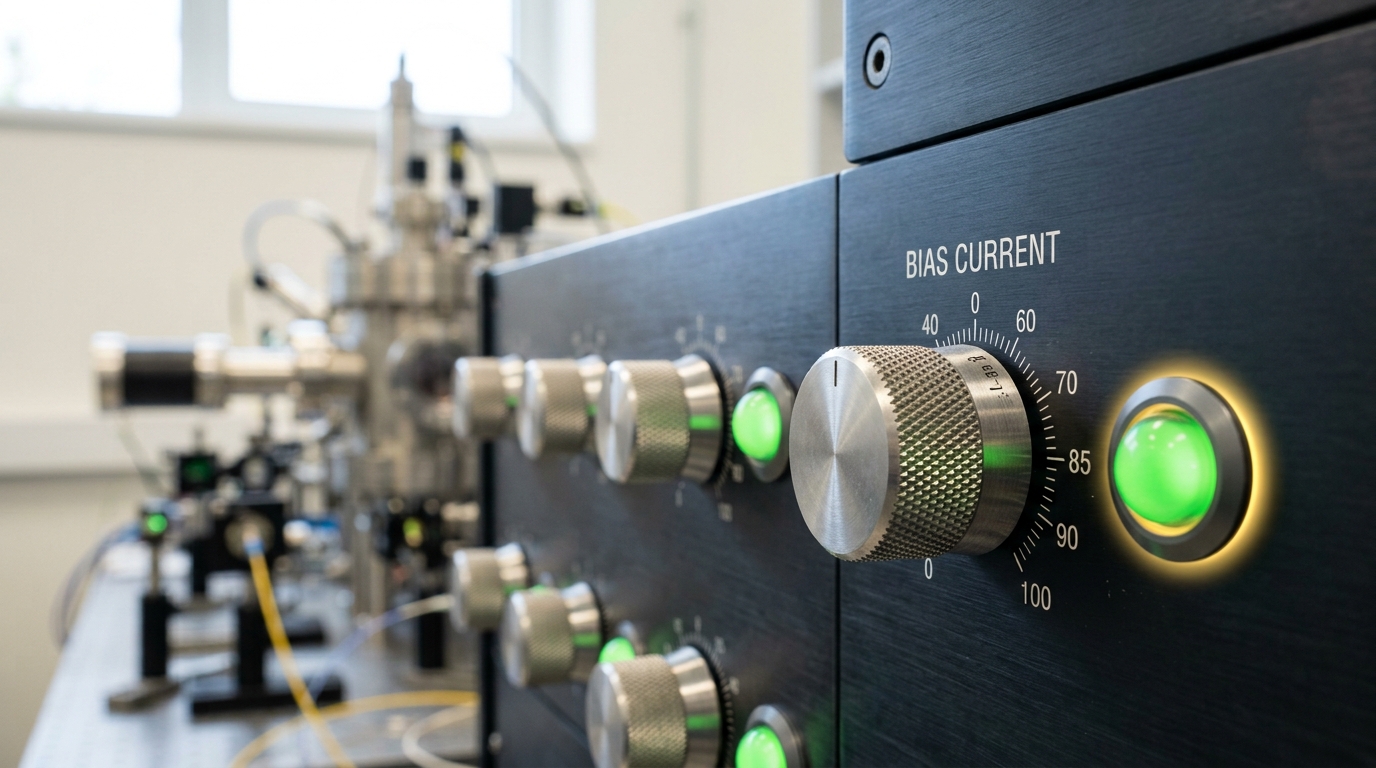 A knurled bias-field current dial on an atomic clock's control electronics turned most of the way through its travel, a small lock-status lamp beside it still lit green at nearly every position already passed