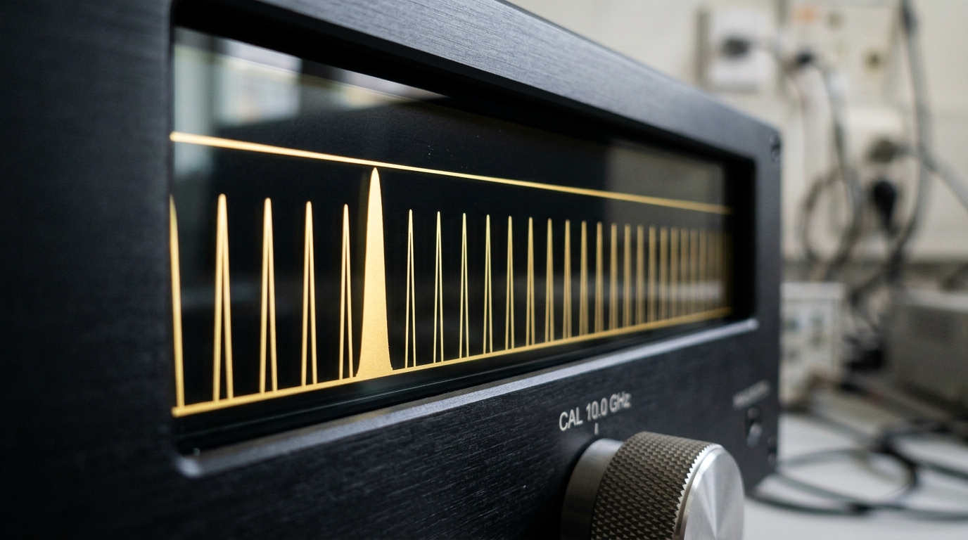 A single close-up on a frequency-comb spectrum display, one narrow tooth of light still sharpening and rising toward a fixed marker line while its neighbours have already settled flat and even