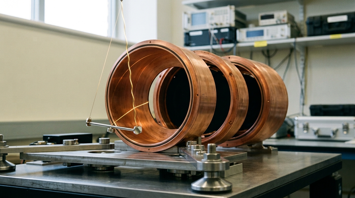 A torsion-balance pendulum suspended inside its nested copper thermal shrouds, caught mid-swing with its fine suspension fibre still visibly twisted rather than hanging at rest