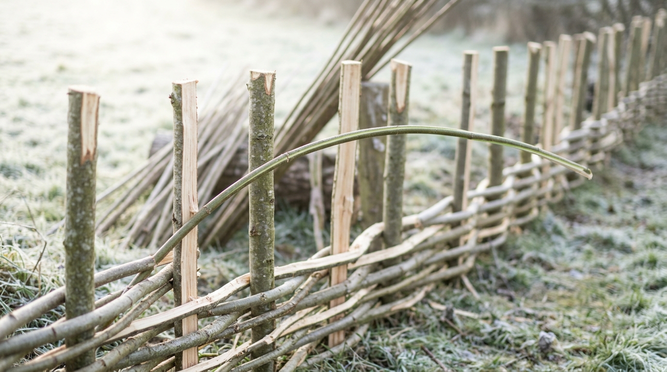 A line of driven hazel stakes along a laid hedge with a long springy binder rod caught mid-weave in the air, woven behind stakes on one side and bare stakes waiting on the other