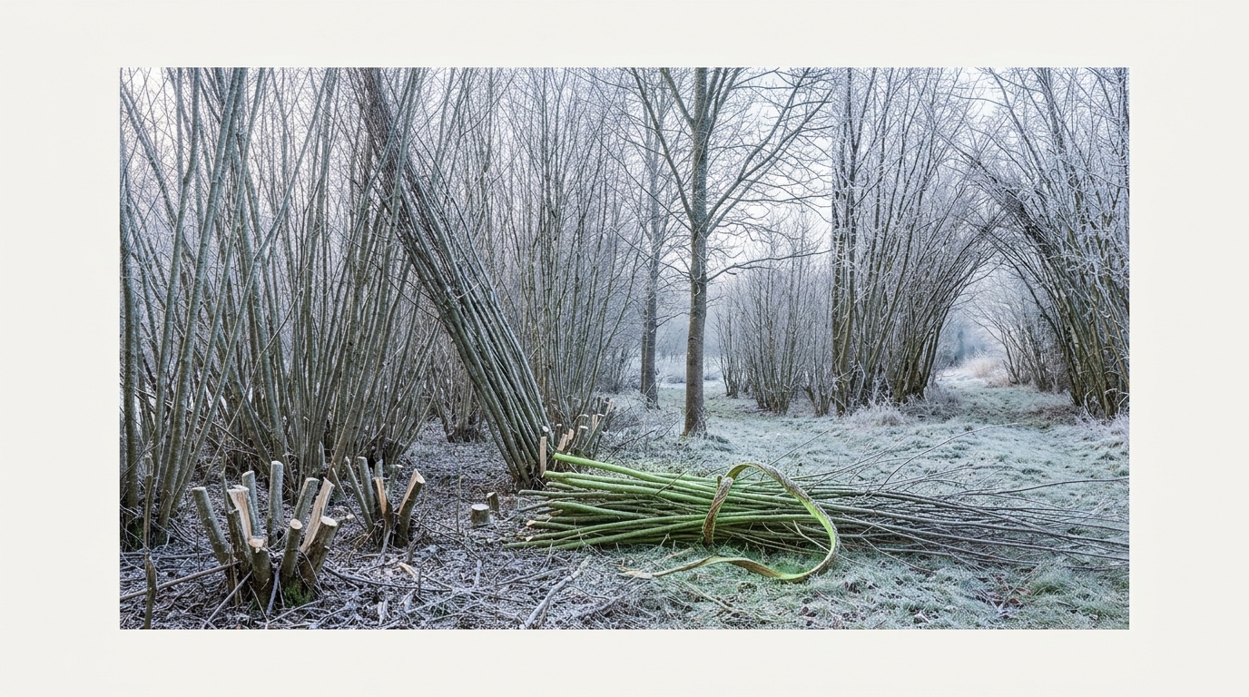 A winter coppice wood worked in separate panels, the nearest one caught half cut with low fresh stools on one side of the cutting line and tall uncut rods still standing on the other, and further panels beyond at plainly different heights of regrowth