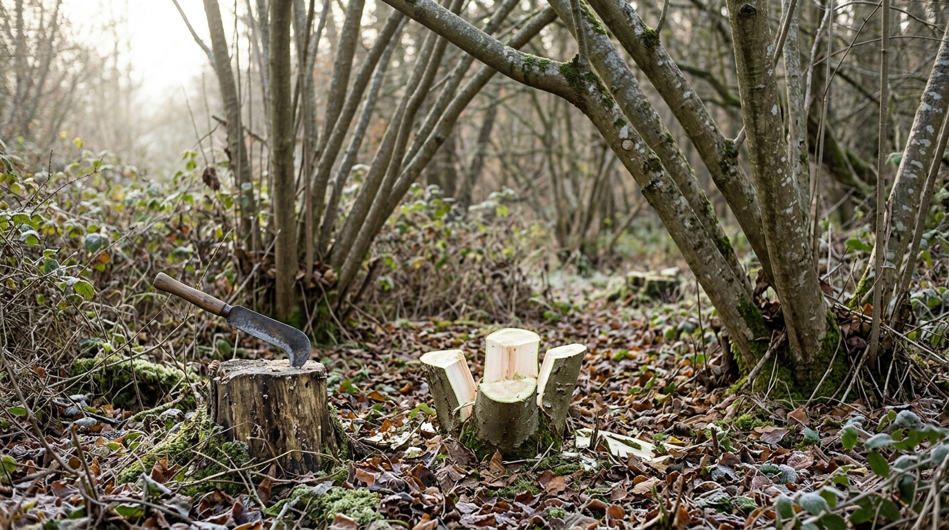 A freshly cut hazel stool with pale bright cut faces low in a coppice clearing, already overhung by taller multi-stem regrowth from an earlier cut, with a billhook set in a stump
