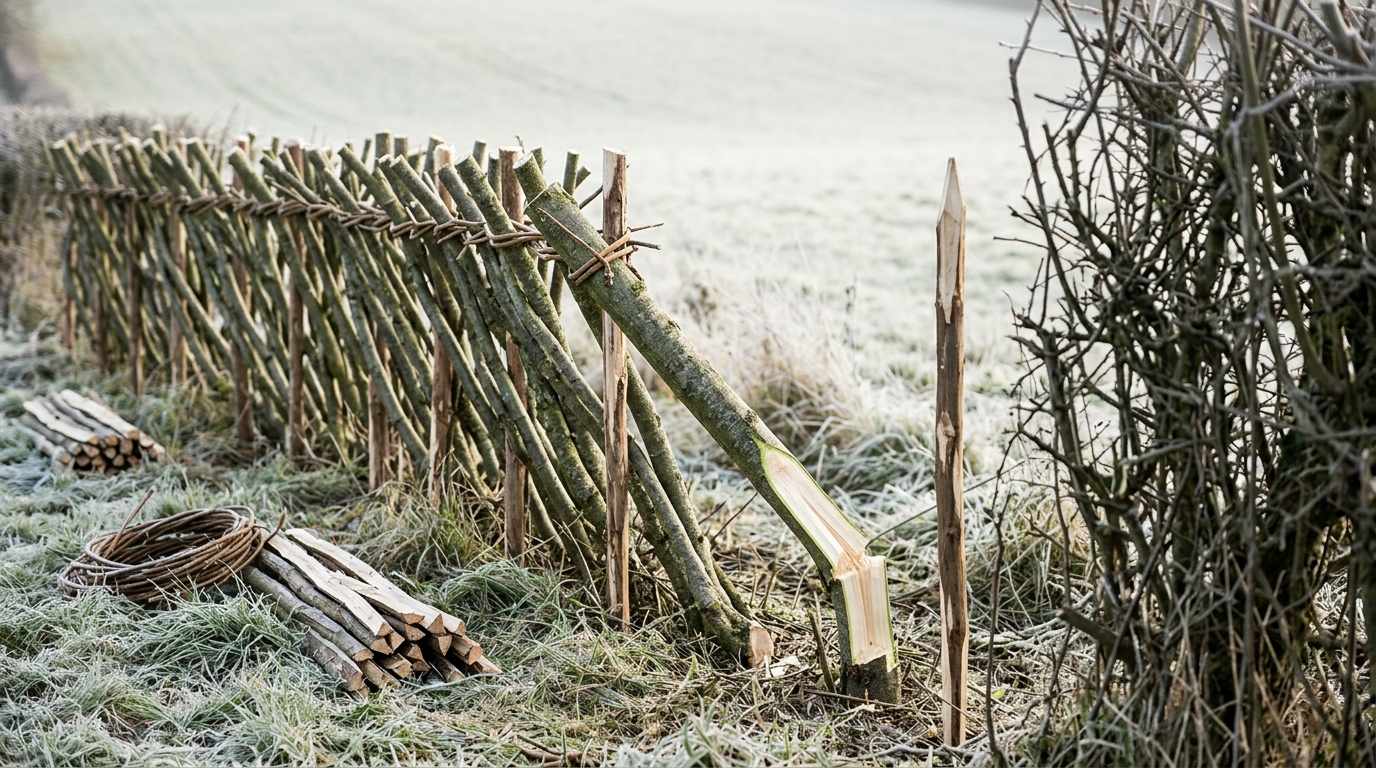 A field hedge caught halfway through being laid, with bent and staked stems on one side, one stem still leaning part-way down, and an unlaid run of upright growth continuing beyond