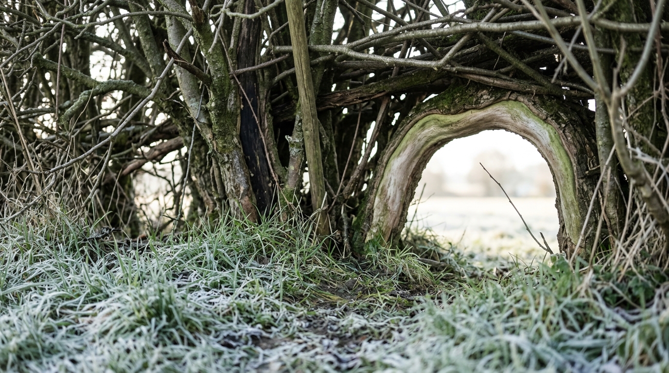 A low rounded gap worn clean through the base of a thick laid hedge, its edges rubbed pale and smooth, with flattened frosted grass leading into it and bright open field showing through