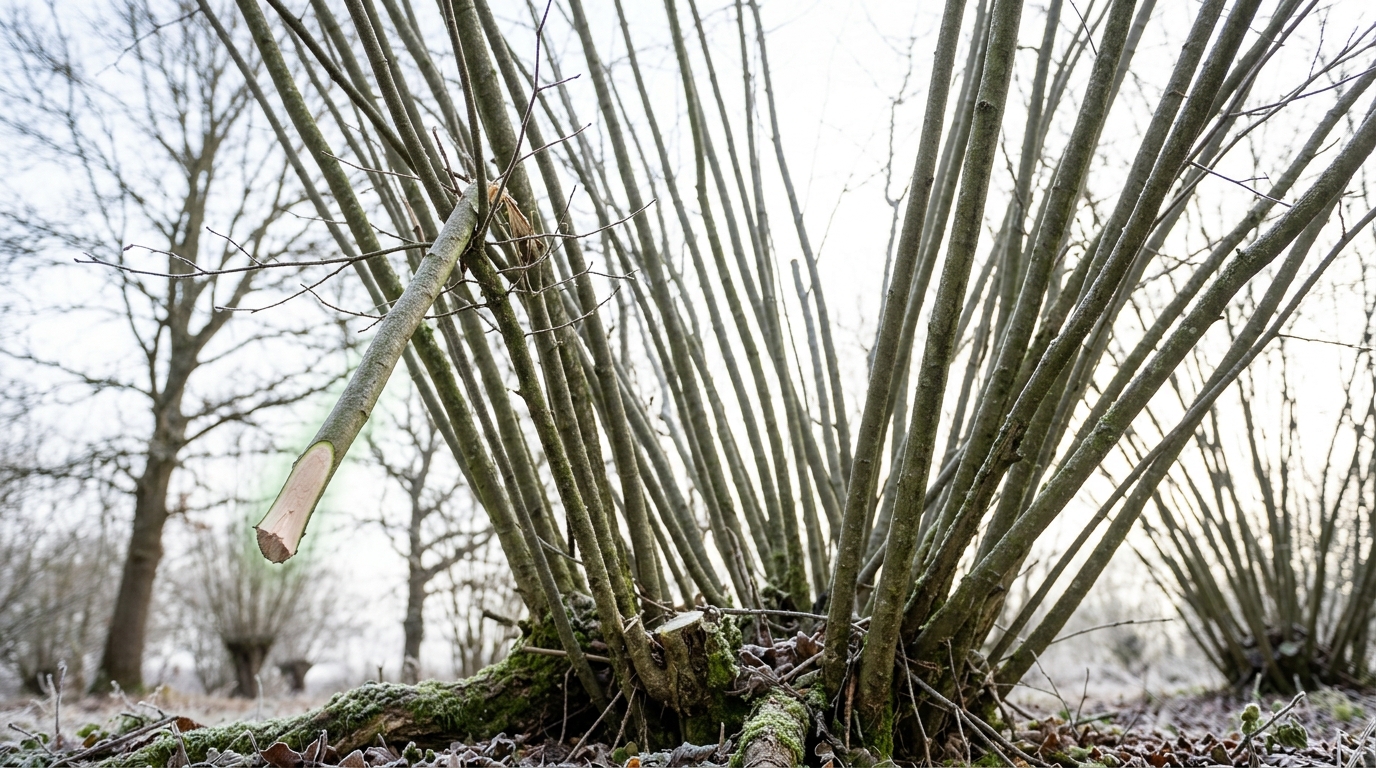 A single hazel stool seen from low down looking up, dozens of straight rods springing from one low stump and fanning outward in every direction against a bright pale sky, one severed rod hanging clear of the cut and caught among its neighbours