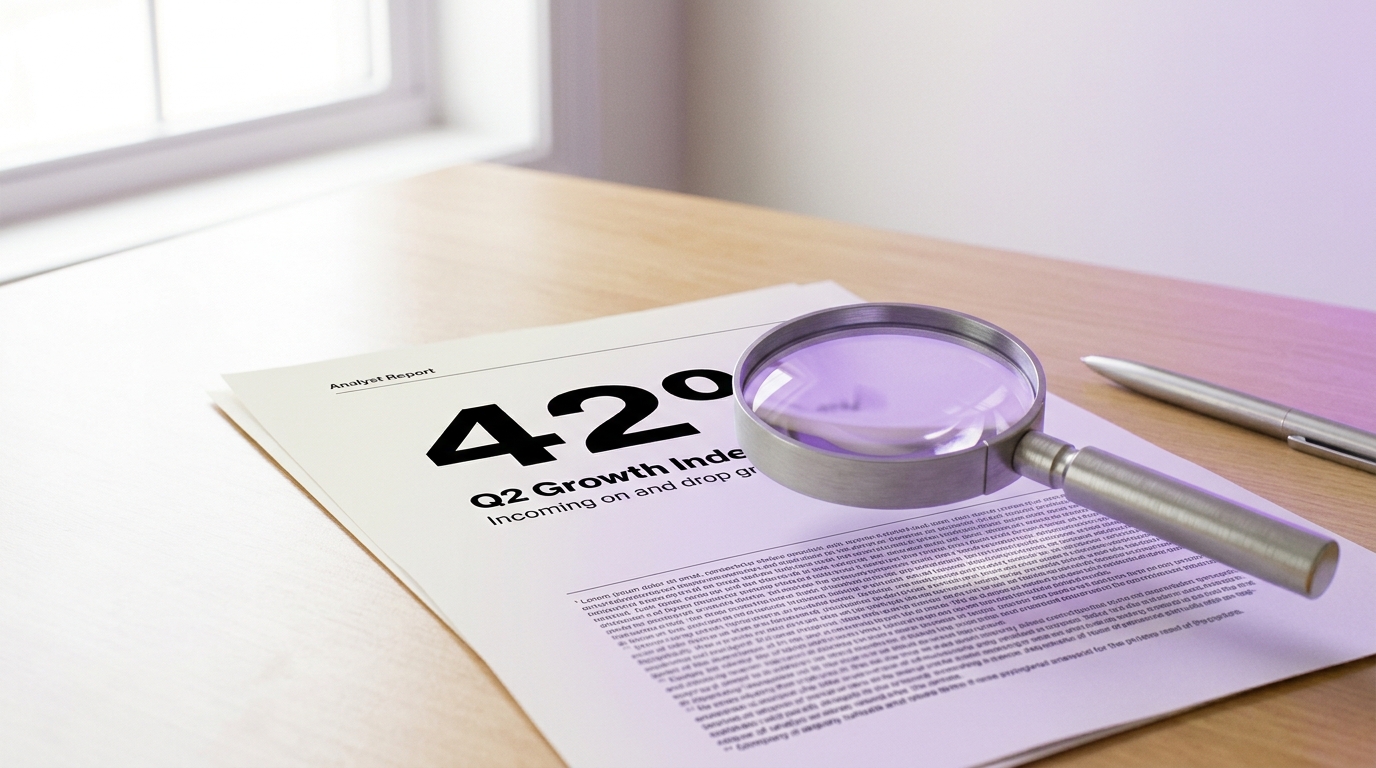 Four analyst reports fanned out on a bright table, each with a different circled total, a fifth blank sheet in the centre caught being filled in with a bracketed range rather than a single figure