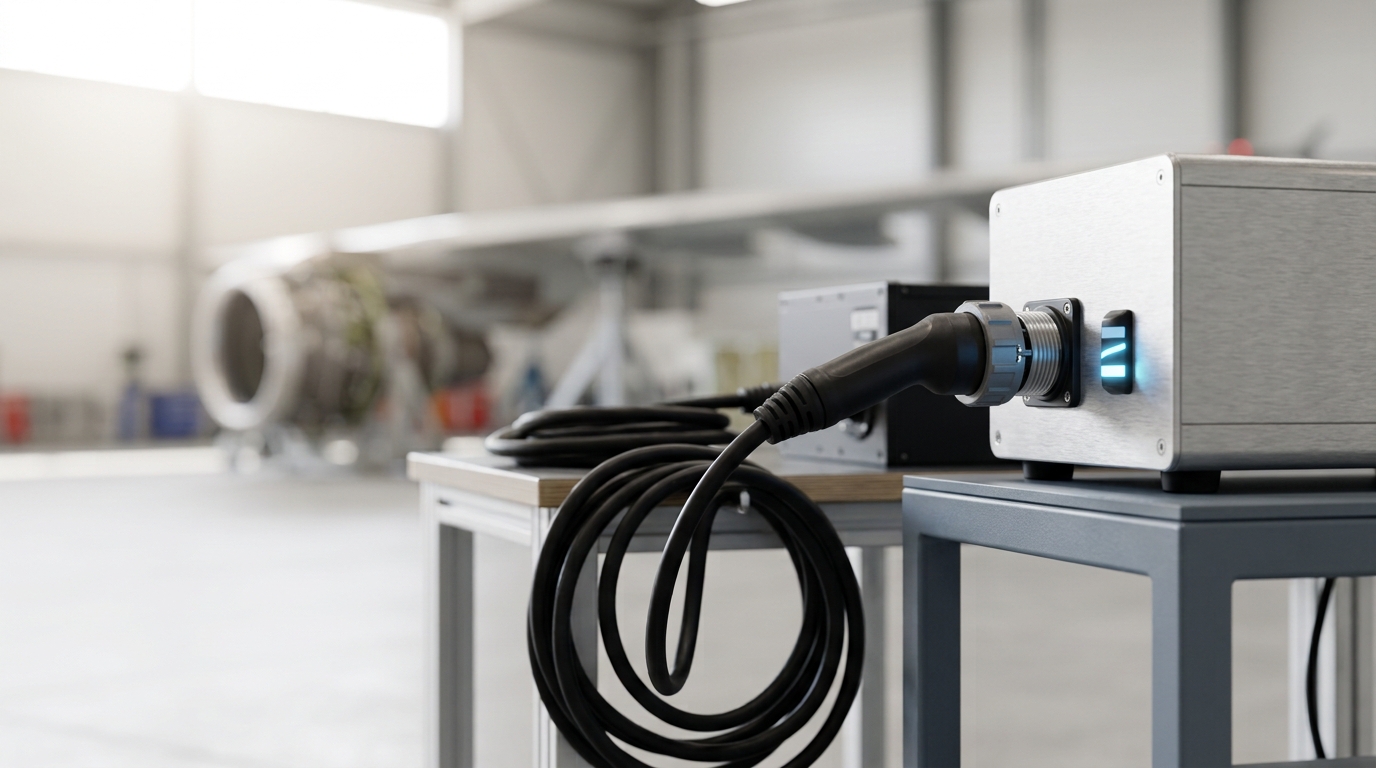 A high-power charging connector on a test stand caught mid-mate with a battery pack's inlet port, a current-draw indicator lamp climbing toward its next band