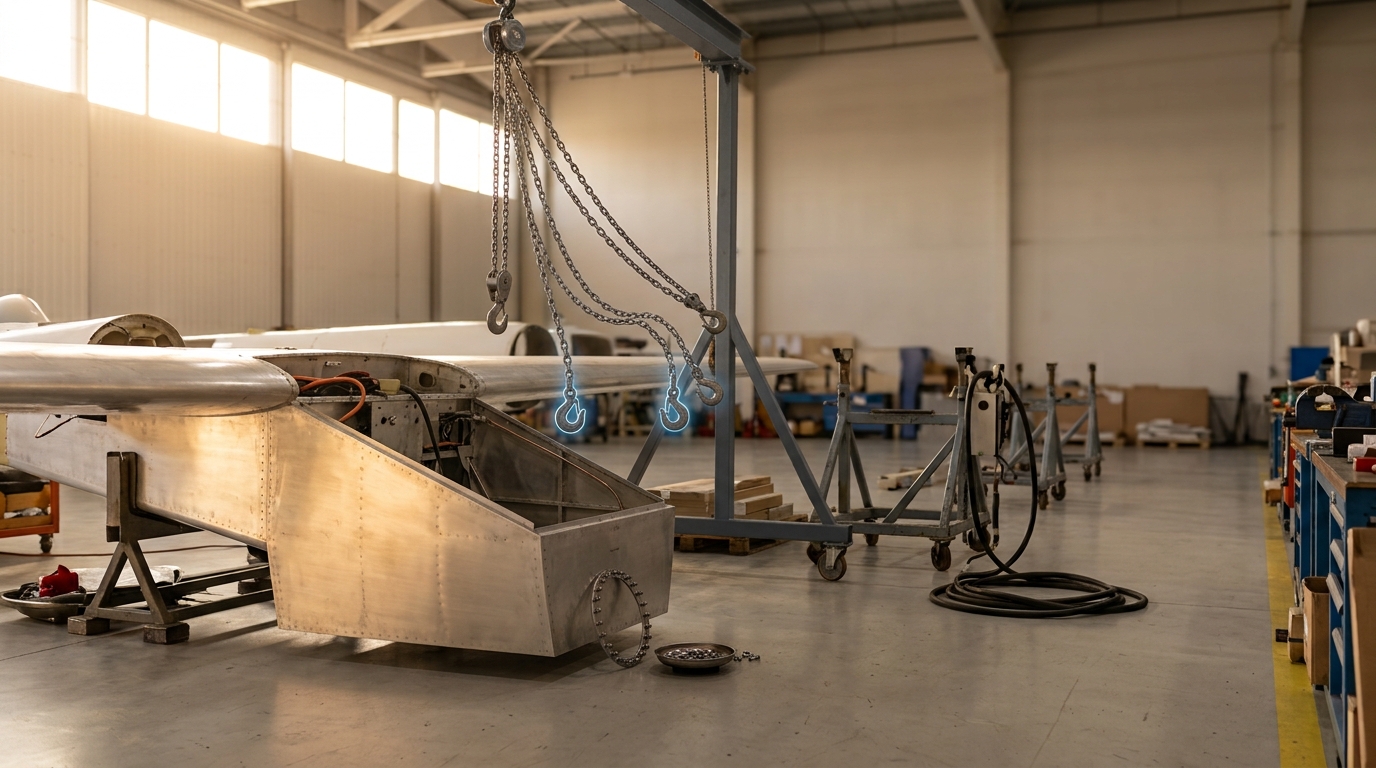 The hangar floor near the end of a shift, the battery pack now seated in its bay but its access-panel fasteners not yet torqued, the hoist chain still swinging