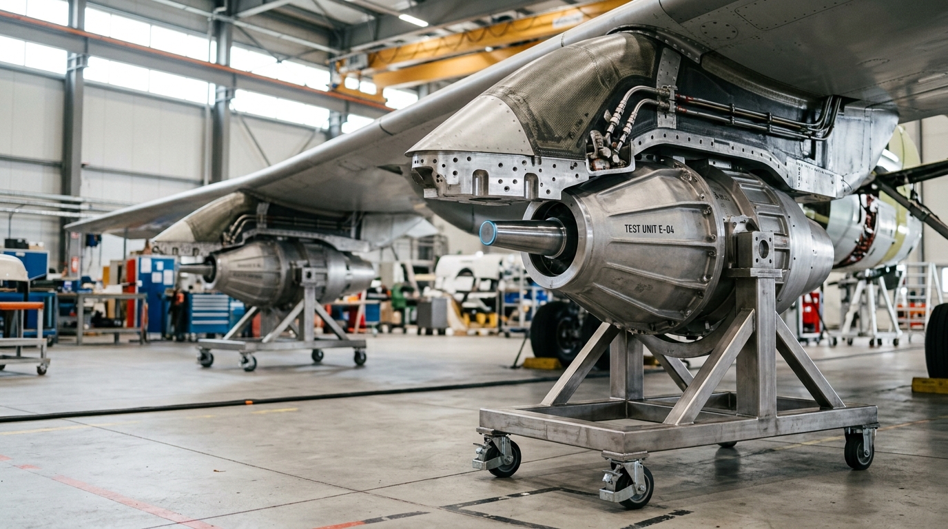 An electric motor nacelle on a rolling stand being test-fitted onto a wing pylon, its alignment pin caught short of the mounting bore