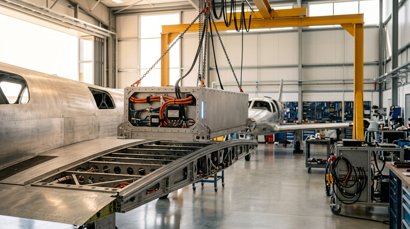 A battery pack suspended from an overhead hangar hoist, caught mid-descent just above an airliner's open wing-box bay, its mounting corner not yet aligned with the rails