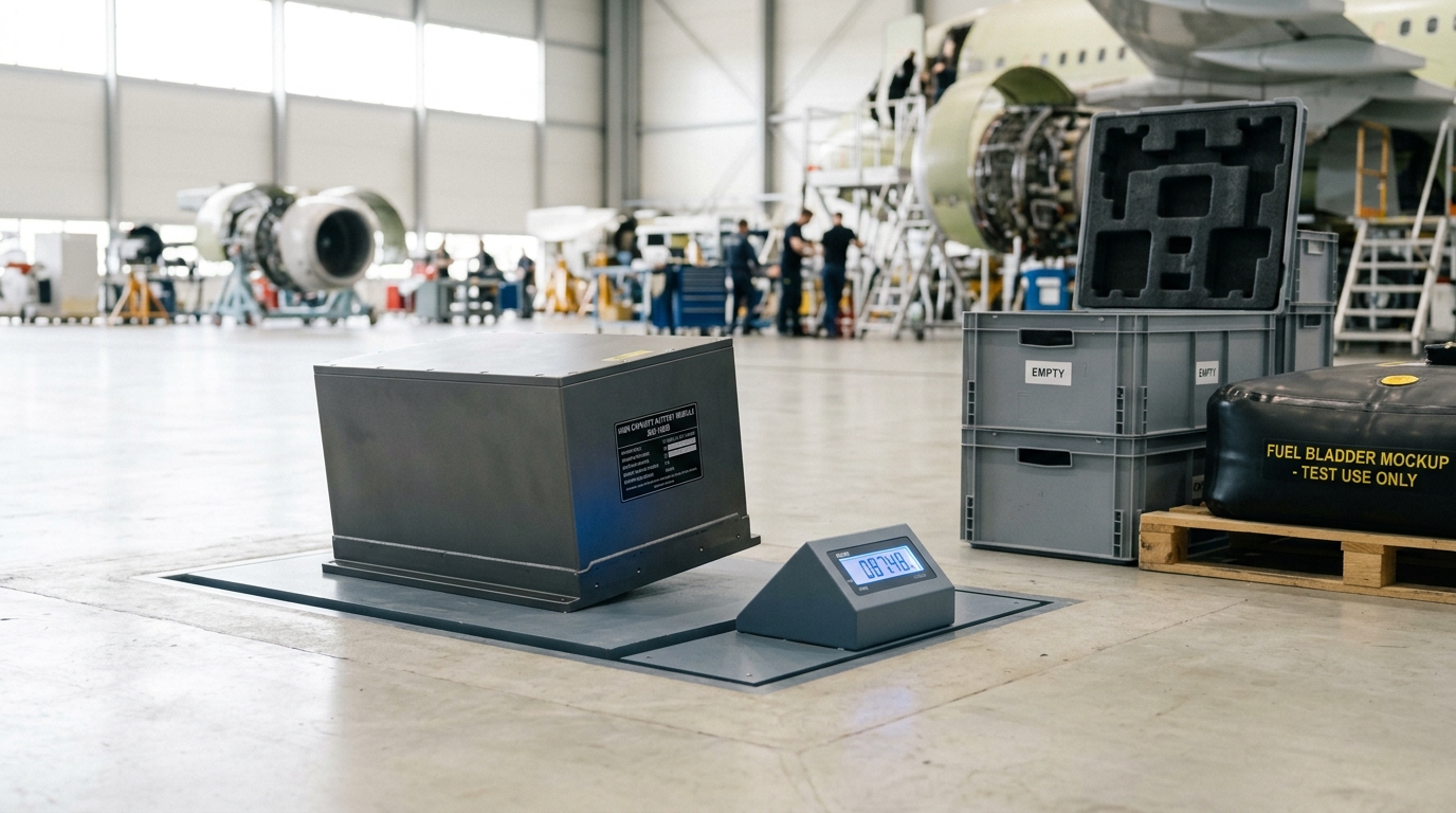 A battery pack resting on a hangar floor scale, its capacity rating plate partly visible, the digital readout still climbing as the pack settles