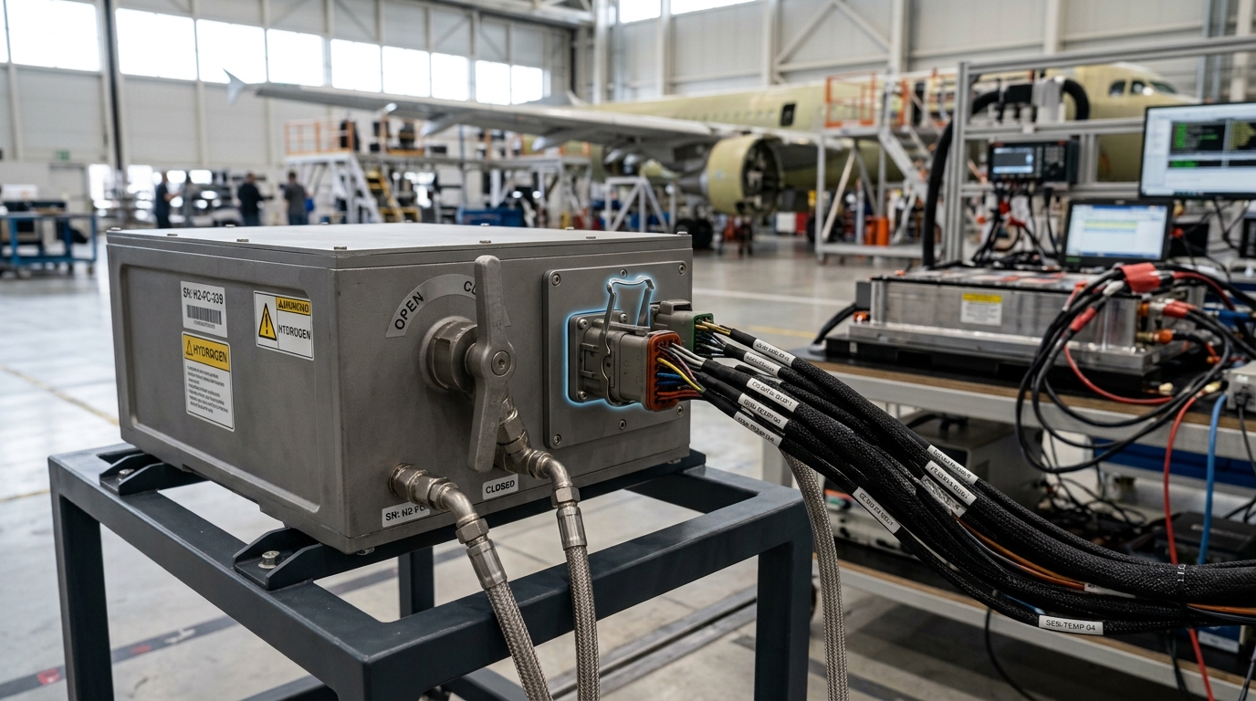 A hydrogen fuel-cell module on a stand beside the battery pack's test bench, cabled into the same harness, a valve handle caught mid-turn