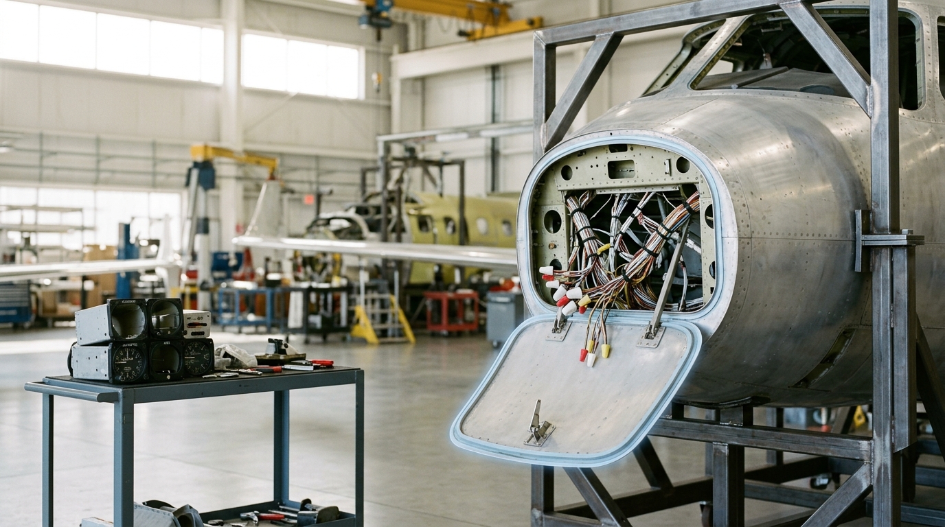 A stripped flight-deck section on a fixture in the hangar, wiring capped where a control yoke used to route through, one access panel still hanging open