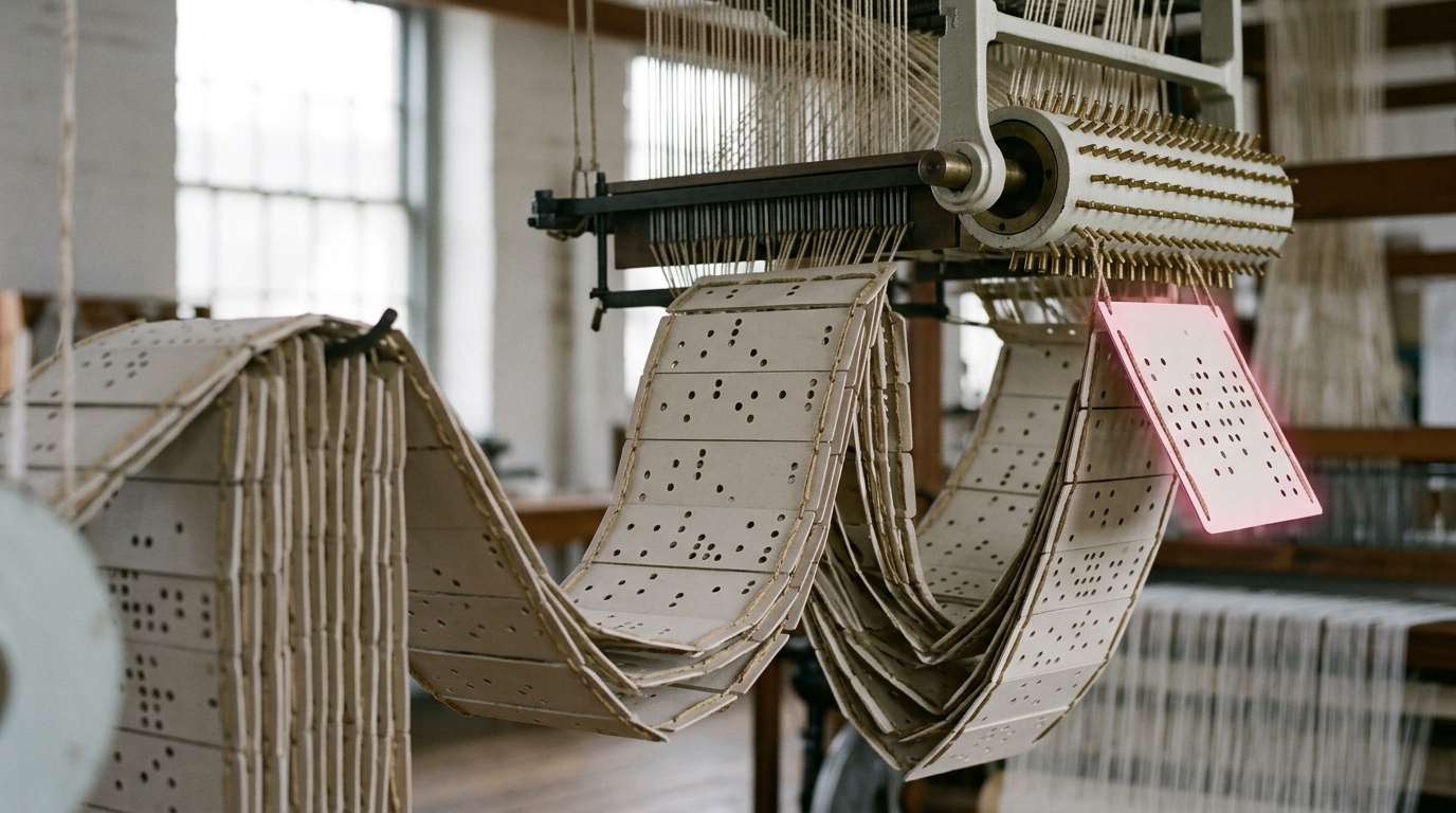 A long chain of laced punched pattern cards festooning across a bright mill floor, thin and closely laced at one end and heavier further along, its last card still swinging
