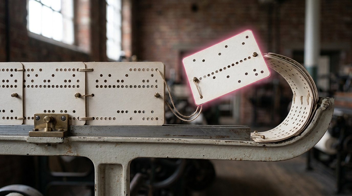 The punched card chain running straight and then curving back toward its own head, its last card hovering a hand's width short of lacing onto the first