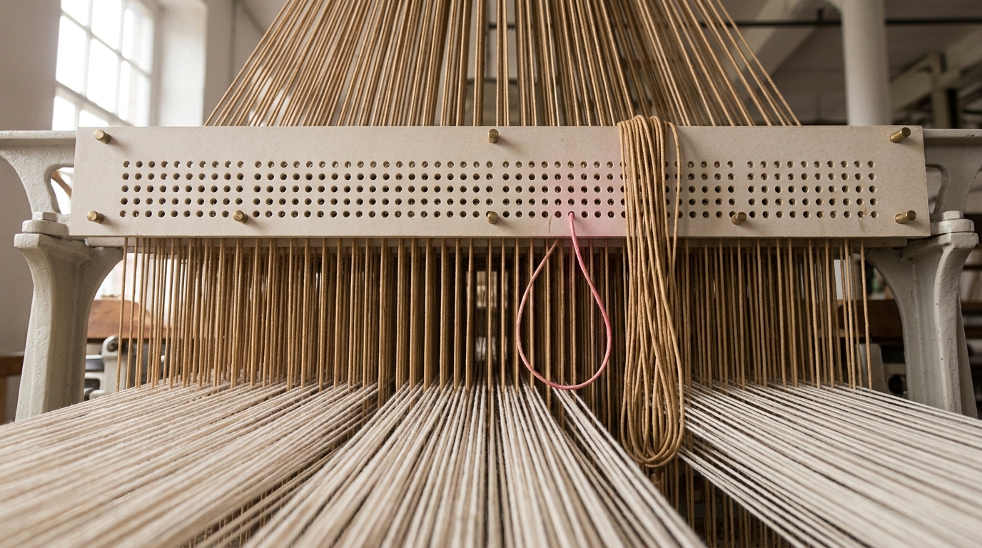 The underside of a comber board seen from among the warp, ranks of harness cords drawn taut through its drilled holes, one bundle still hanging slack and one cord caught halfway through its hole