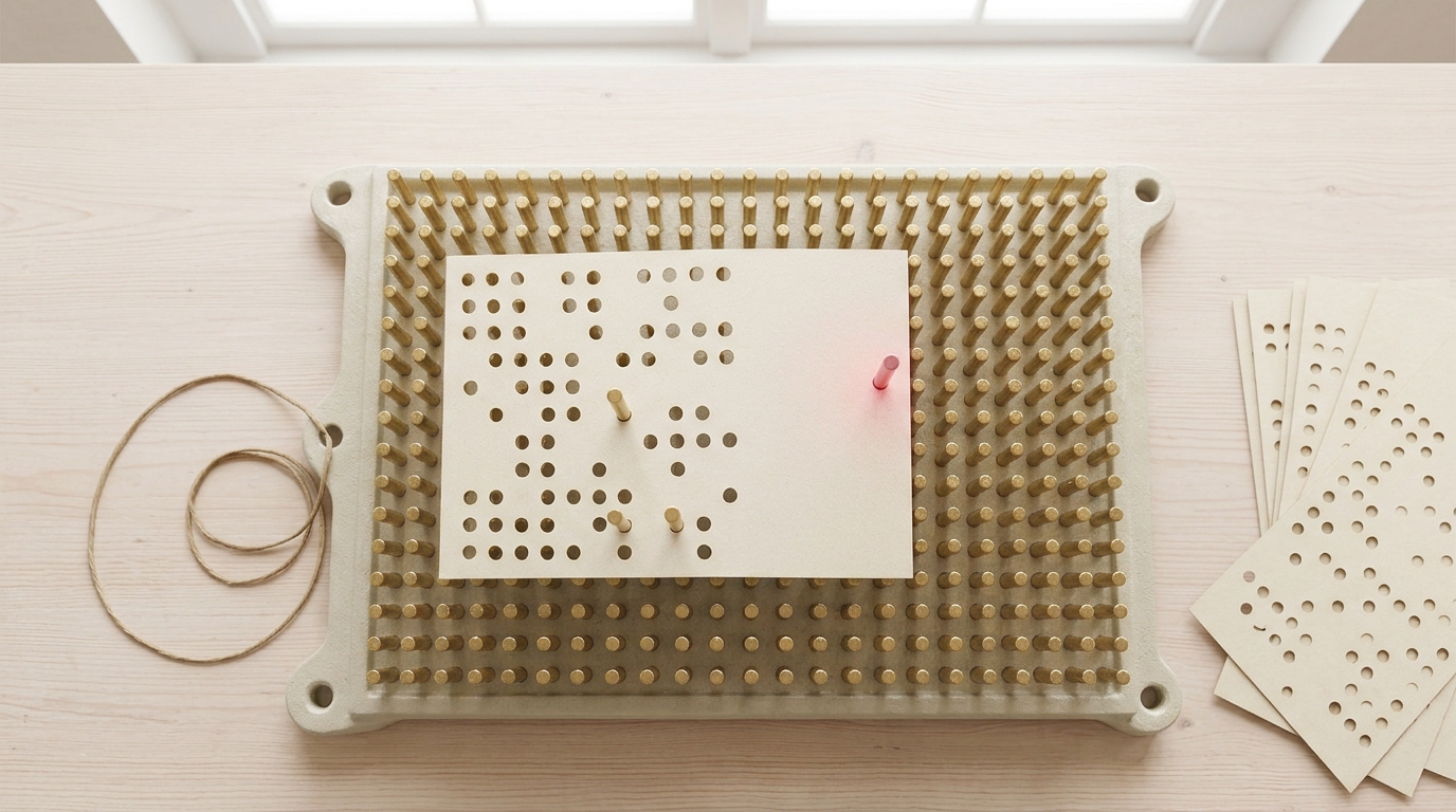 A freshly punched pattern card pressed part way down onto a brass peg bed, tilted, several pegs standing clear through their holes while one peg bears against solid unpunched card and holds that corner up