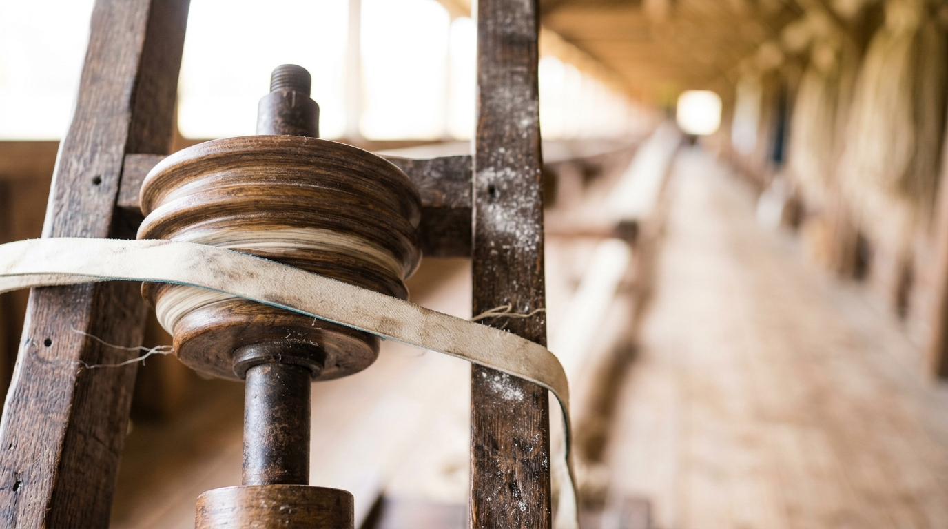 A flat leather driving band caught half-shifted between two grooves of a stepped wooden whorl on a spinning jack, gripping the smaller groove on one edge and still slack in the larger