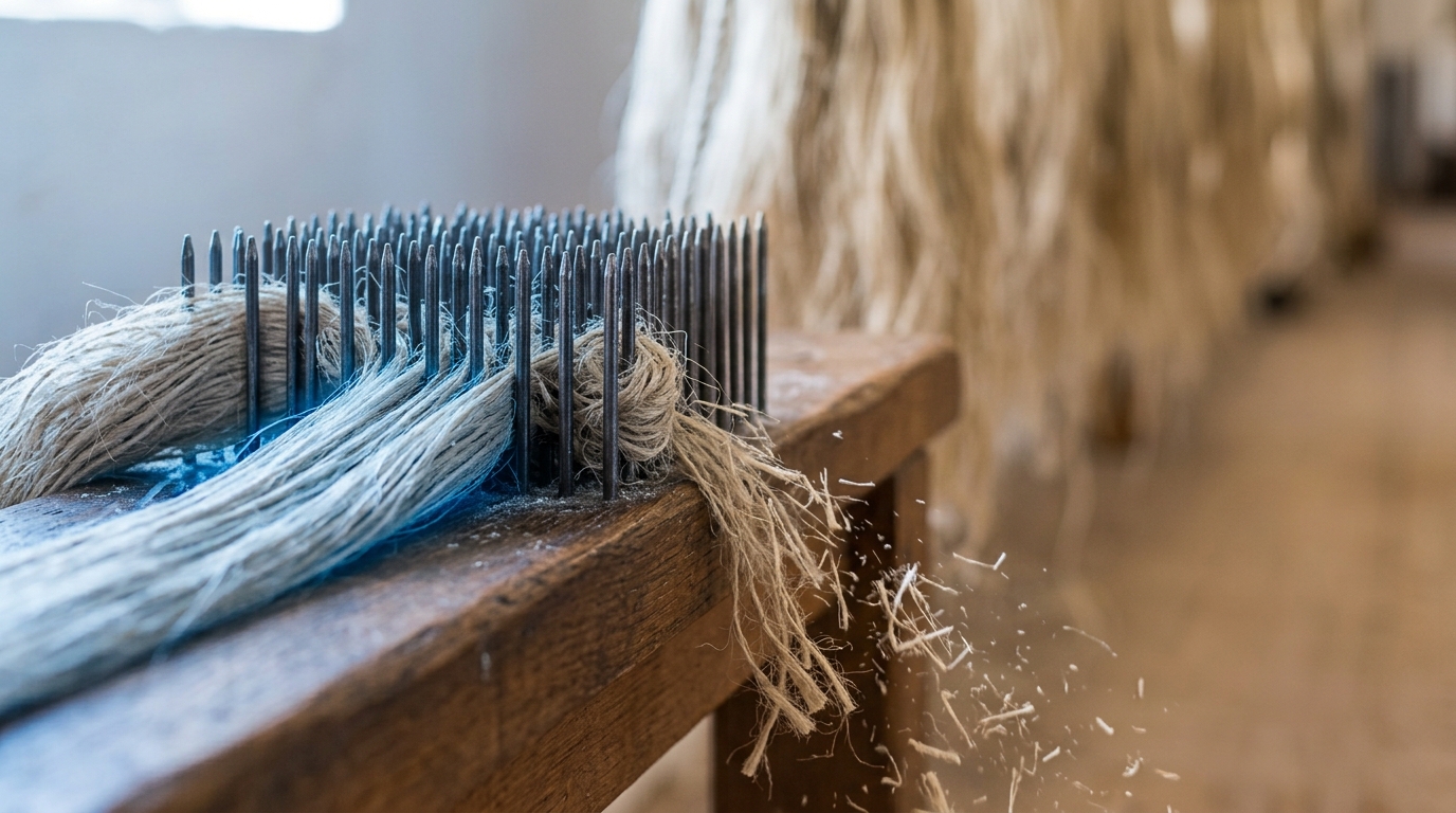 A bunch of raw hemp caught part-drawn through an iron-toothed hackling comb, long fibre pulling clear while short tow falls away beneath the bench