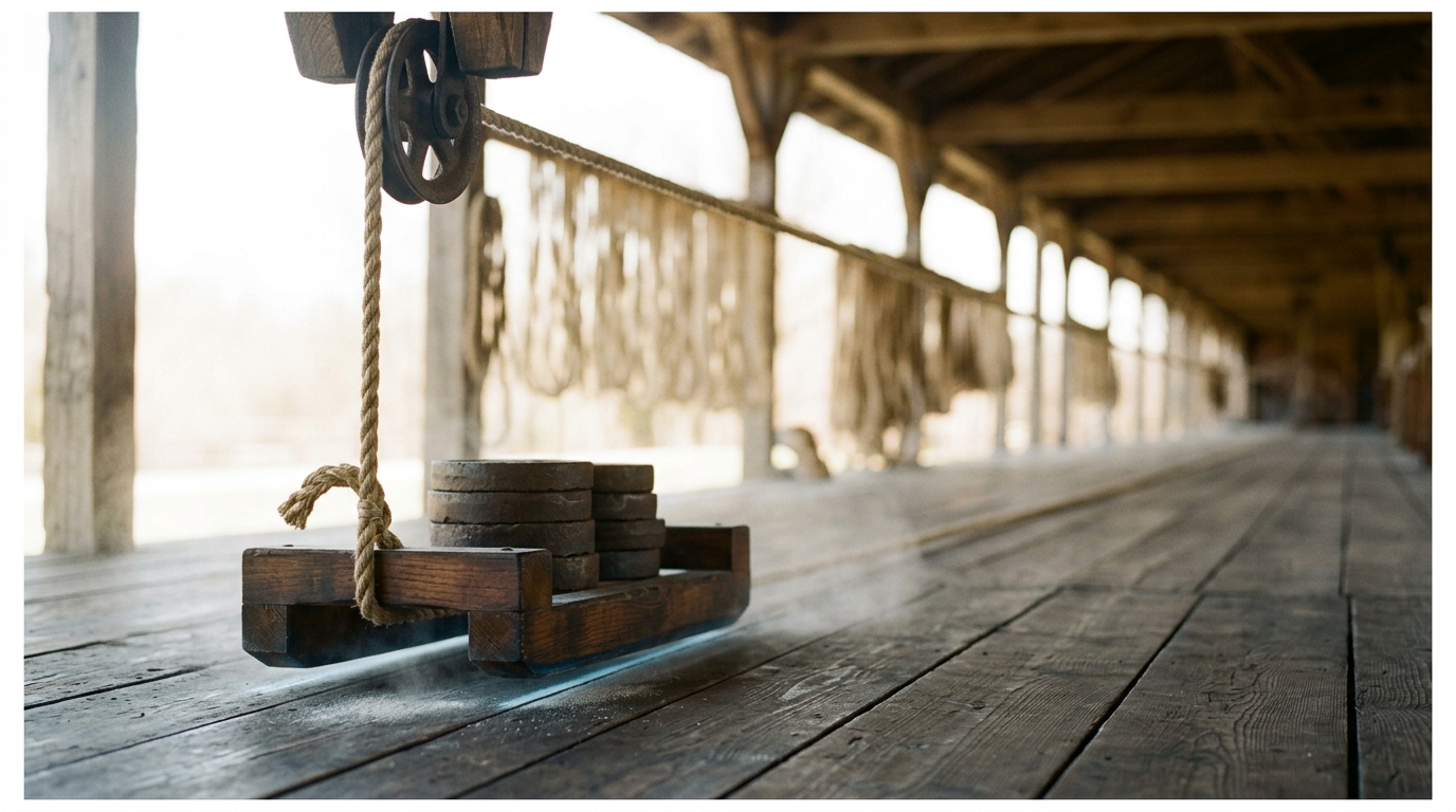 A finished hemp rope pulled taut from an iron sheave down to a cradle of plain cast iron weights, the cradle caught just clear of the plank floor with a thin band of daylight beneath it