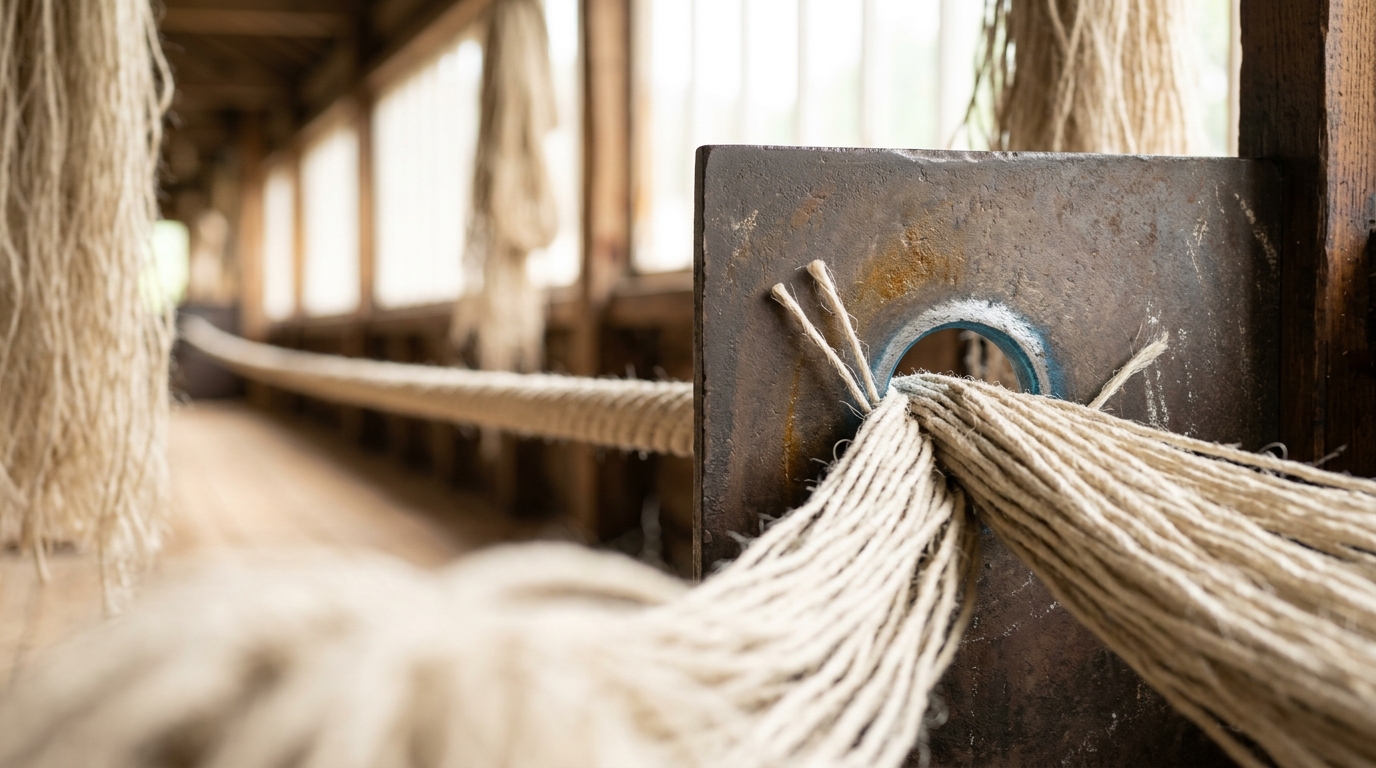 A wide bundle of hemp yarns caught part-way through one round hole in an upright iron plate, the bundle squeezed and bunching where it enters and a single compacted cord running out beyond
