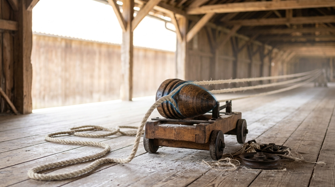 Three separate yarn strands converging into the grooves of a wooden laying top, with finished rope behind it and loose strands still running ahead