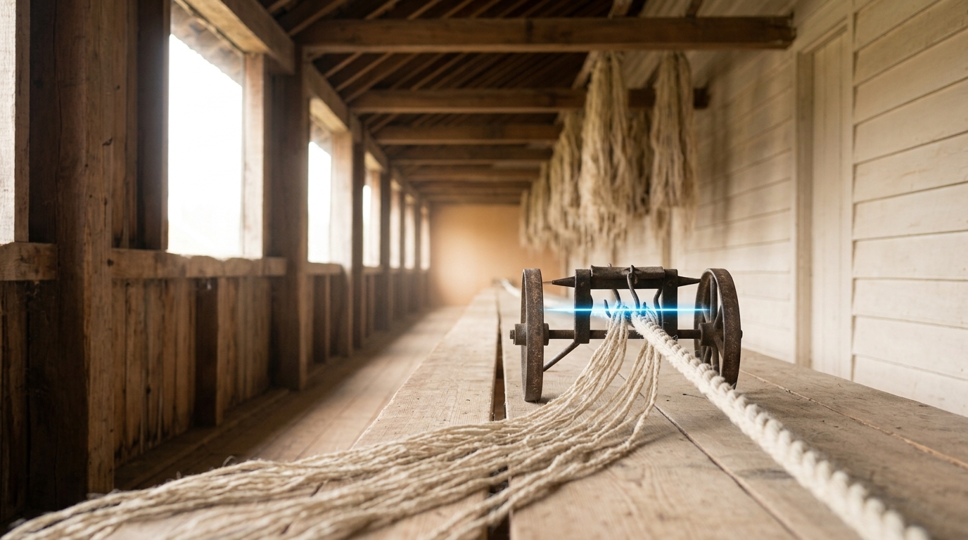 The long interior of a ropewalk seen down its length, with a wheeled traveller cart caught part-way along the walk and yarn still forming behind it