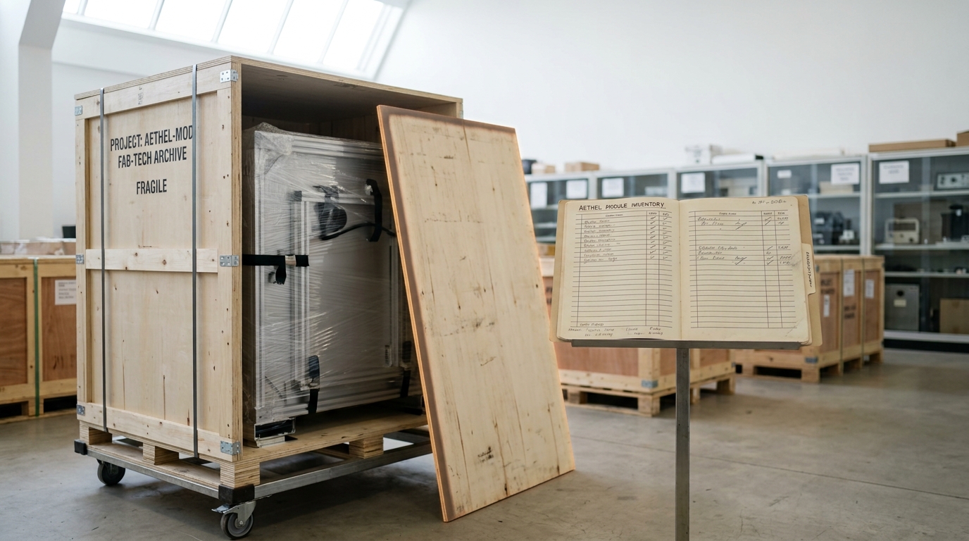 A large freight crate holding one lithography-system module standing part-open in the archive's loading bay, its packing manifest folder open on a stand beside it with only some lines filled in