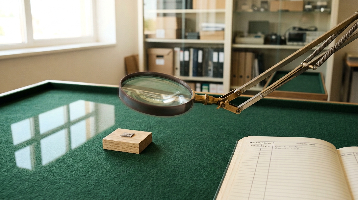 A small early planar-process transistor fragment resting on a felt-lined archive table under a swinging loupe lamp that has not yet centred over it