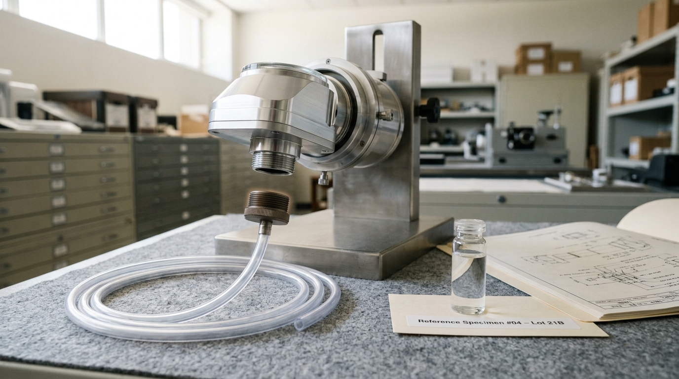 An archived immersion-scanner lens-hood module on an examination stand with a small sealed reference vial of water beside it, its hose fitting not yet connected