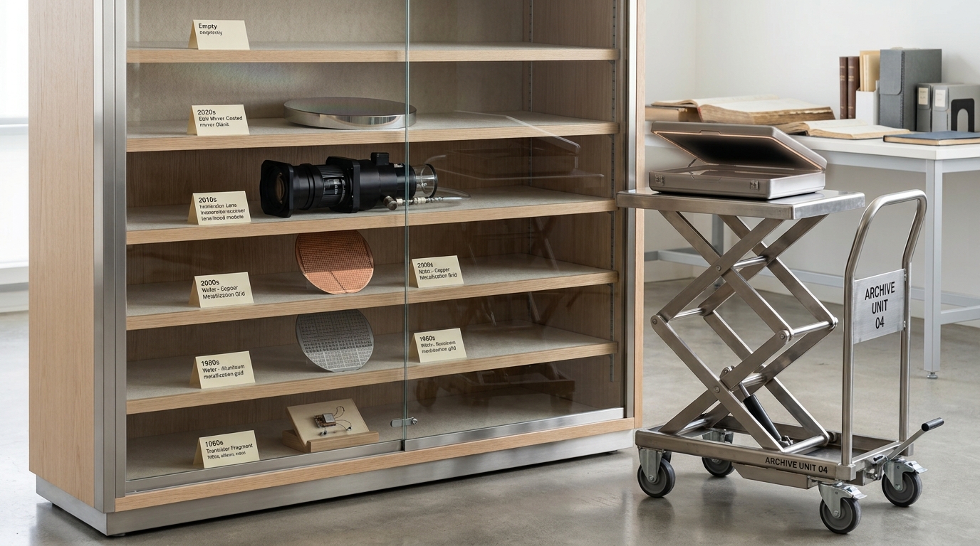 A tall glass-fronted archive cabinet holding five dated fabrication specimens on chronological shelves, with a reticle pod riding a wheeled cart partway toward its own empty top shelf, not yet racked