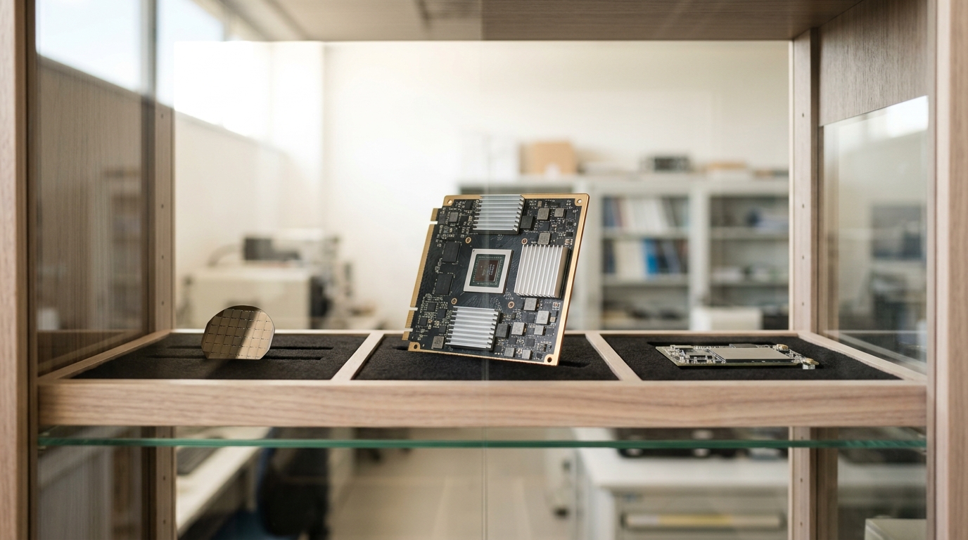 A cabinet shelf being filled with three distinct compact accelerator specimens — a wafer segment, an IPU-style board, and a compact inference card — one caught mid-slide into its felt-lined slot with its front edge still proud of the shelf face