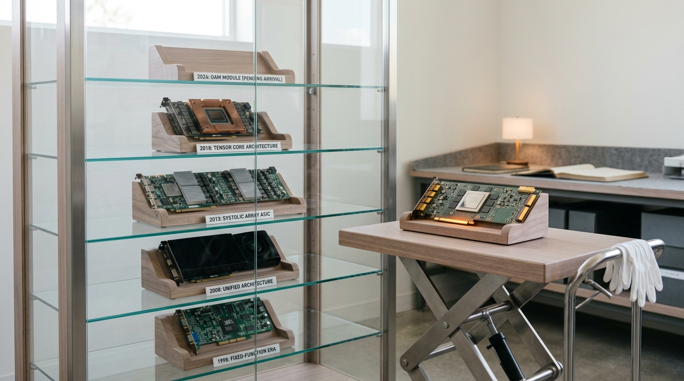 A tall glass-fronted specimen cabinet holding accelerator boards from six different eras on chronological shelves, with the newest OAM-format accelerator module caught on a wheeled lift cart partway toward its empty top shelf, not yet racked