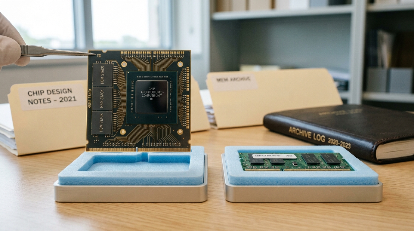 An exposed accelerator package with visible stacked memory dies beside its compute die, caught hovering a few millimetres above a cushioned archive cradle next to an older single-chip memory module already resting in its own cradle