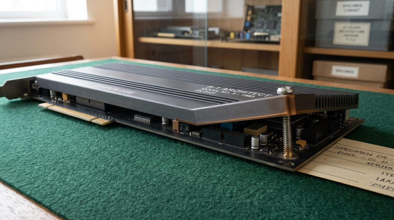 A large elongated accelerator board with a systolic-array-style compute core laid on the archivist's felt table, its heat spreader corner lifted a fraction with one captive screw still mid-turn, a catalogue card sliding beneath one edge
