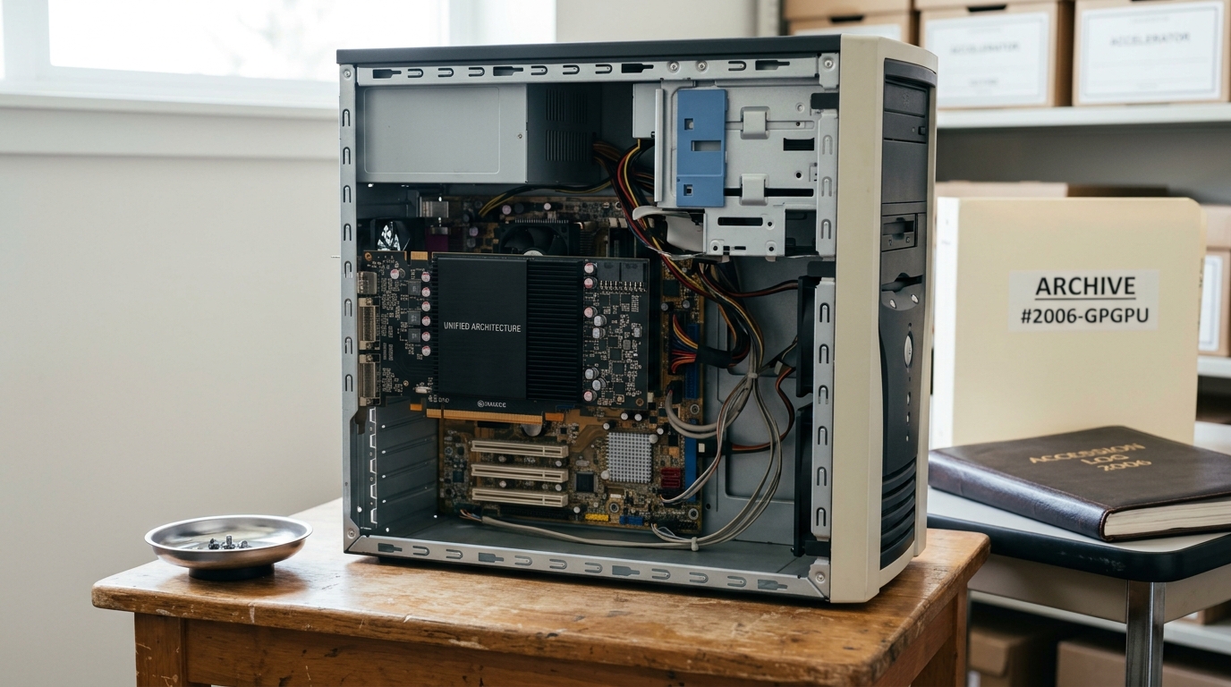 A period 2006-era desktop workstation tower standing open on an examination stand in the archive room, its single expansion board — an early unified-architecture graphics-and-compute card — caught half-drawn from its slot for inspection
