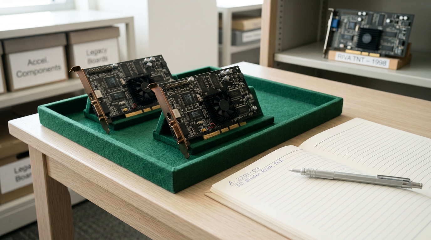 Two identical period graphics boards laid side by side in a felt-lined specimen tray on the archivist's table, one retaining bracket still unlatched, an open accession ledger and a technical pencil resting beside them