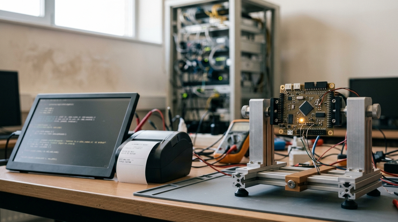 A modern vulnerability-discovery bench with a device under automated test, its single status LED caught turning from unlit to lit, beside a workstation printing a short bug report
