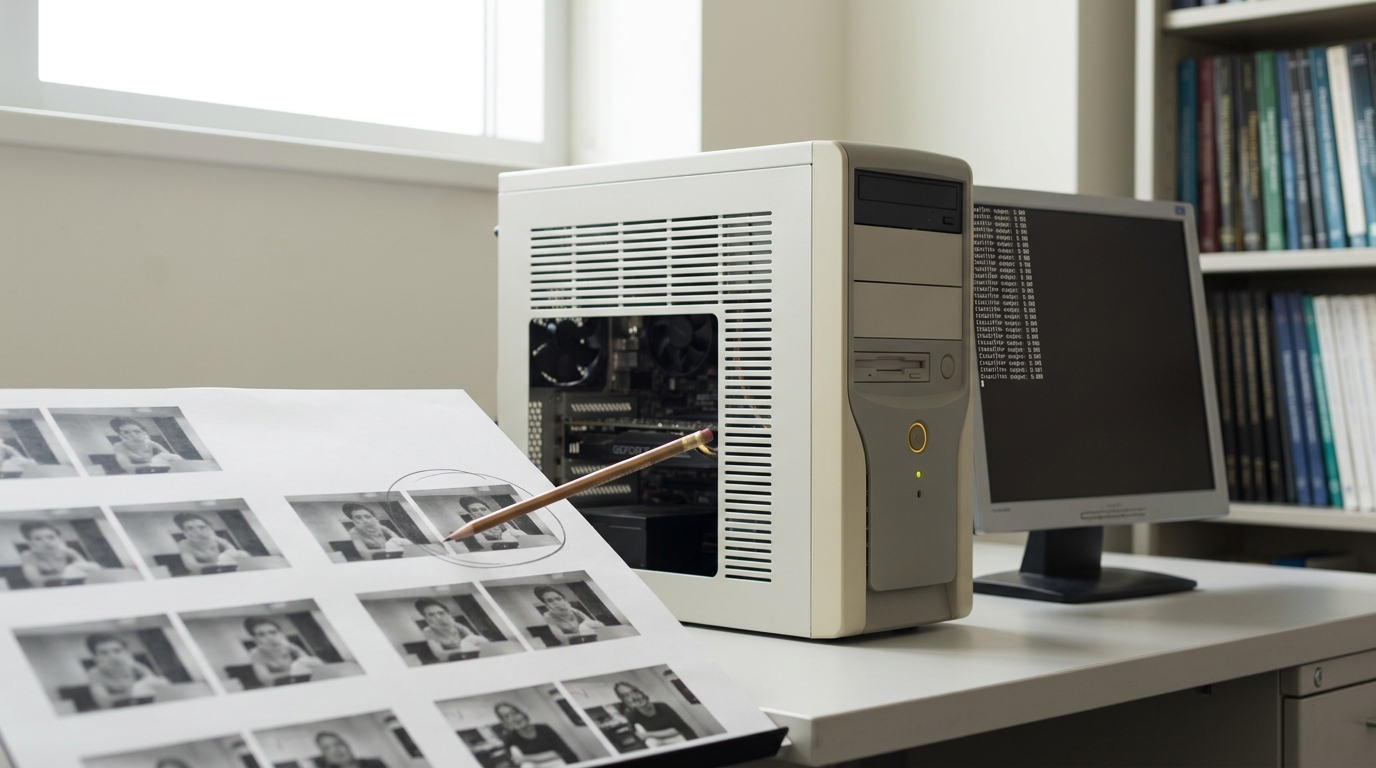 An early-2010s machine-learning lab bench with a beige-and-grey workstation and a printed contact sheet of near-identical small images, one freshly circled in pencil mid-stroke