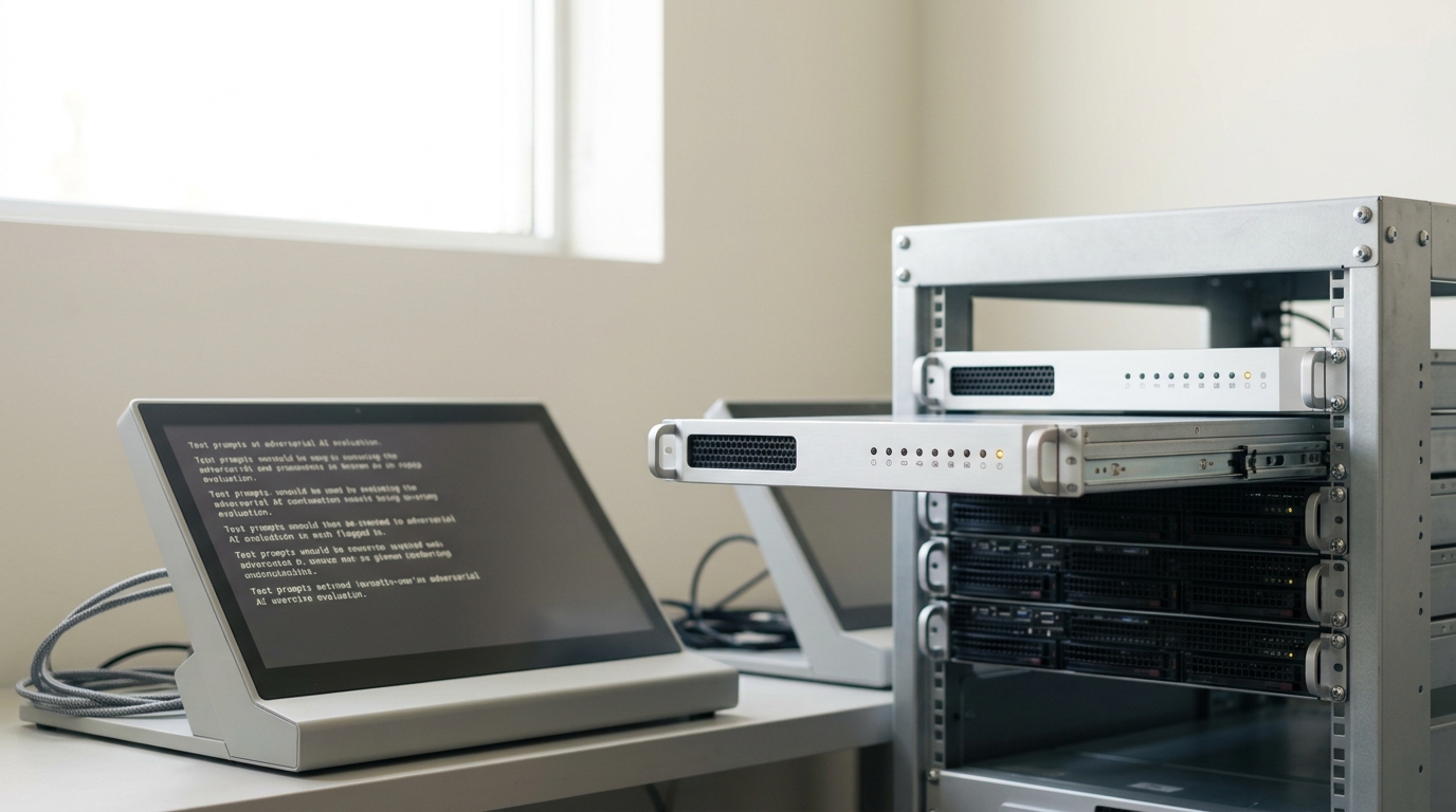 A 1U serving node drawn part-way out of a short rack on a bright lab bench, one status lamp lit archive brass among a row of dark ones, a console beside it showing a scrolling queue of test prompts
