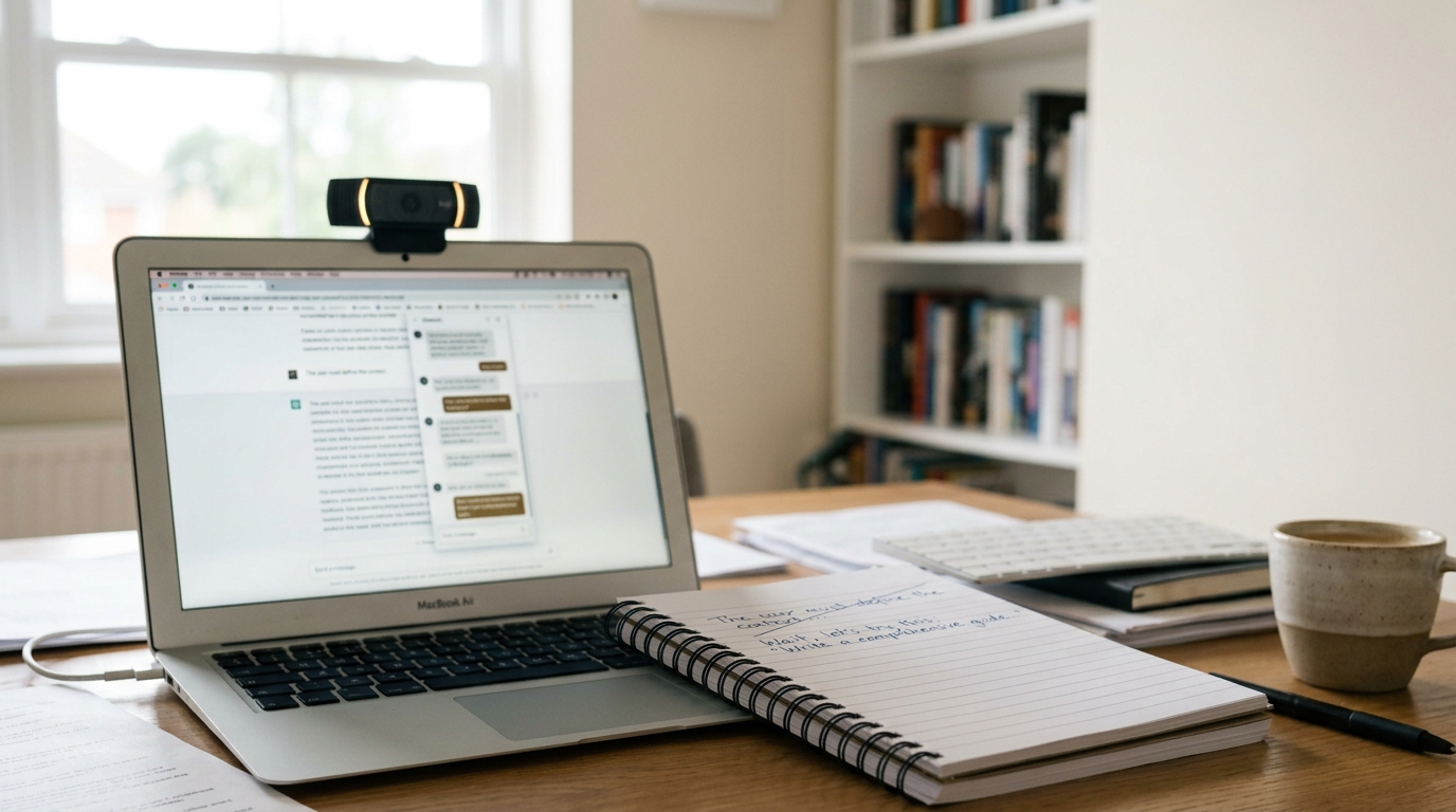 A 2022 chatbot-research desk with a laptop caught mid-scroll, a spiral notebook of draft prompts with lines crossed out, and a coffee cup set down beside a webcam whose indicator light is lit