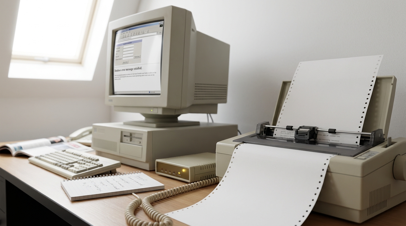 A late-1990s web-security research desk with a beige CRT monitor and a dot-matrix printer caught mid-feed drawing a fresh sheet through its platen, a printed zine issue lying open beside the keyboard