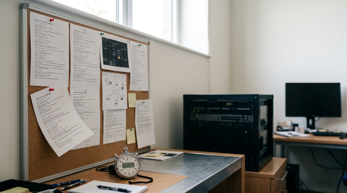 A 2023 red-team lab wall with pinned printed transcripts and a stopwatch caught mid-count, a short server rack behind running a live evaluation batch