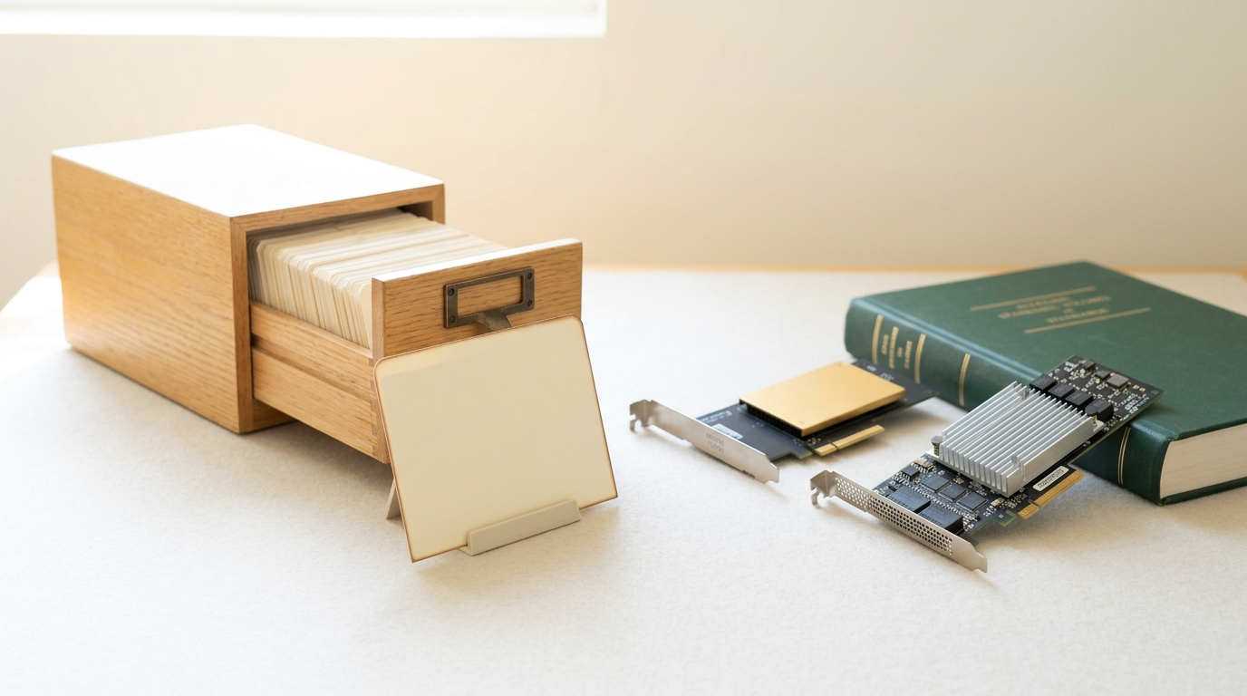 A small wooden library card-index box on the archive document station with one drawer open, a cream accession card caught part-way into its slot in a hand-free stand, beside two generations of host-channel-adapter cards laid for comparison